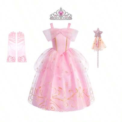 4件套粉色公主裙，带薄纱裙摆，金色星星印花女童公主裙，吊带露肩连衣裙，适合节日派对、庆典等场合。