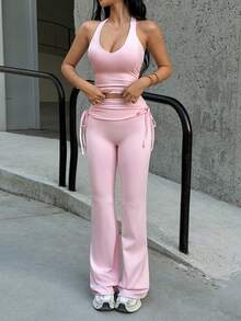 Bộ đồ thể thao 2 mảnh Ocita dành cho nữ mùa xuân/hè, màu trơn, gồm áo tank top cổ chữ V ôm sát và quần ống loe cạp cao, thích hợp cho tập thể dục, chạy bộ, thể thao ngoài trời, yoga và tập gym. - Hồng - Xem 8