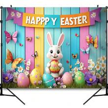 2Dflat, 1pc Easter Party Banner - Vibrant Happy Easter Design Of Bunnies, Eggs And Flowers, Durable Polyester Background Suitable For Anniversary, Easter Party Decoration | Vibrant Easter Theme - 1pcs - View 5