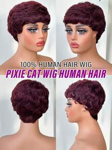 Pelucas de cabello humano para mujeres, estilo corte pixie en varios colores para mujeres, pelucas de cabello humano corto mezclado en color burdeos y marrón con flequillo, perfectas para fiestas y festivales de música - S99JA/BUGA - Ver 5