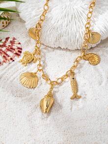 1pc Summer Beach Vacation Style Seashell/Fish/Turtle Multielemental Marine Life Charm Chain Necklace, Suitable For Holiday/Party Wear - Gold - View 6