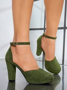 女士麂皮舒适百搭绿色高跟鞋，包头设计，厚底，踝带，粗跟，适合度假、海滩、派对、排队、时尚活动等场合，优雅大方。 - 軍綠色 - 查看 3