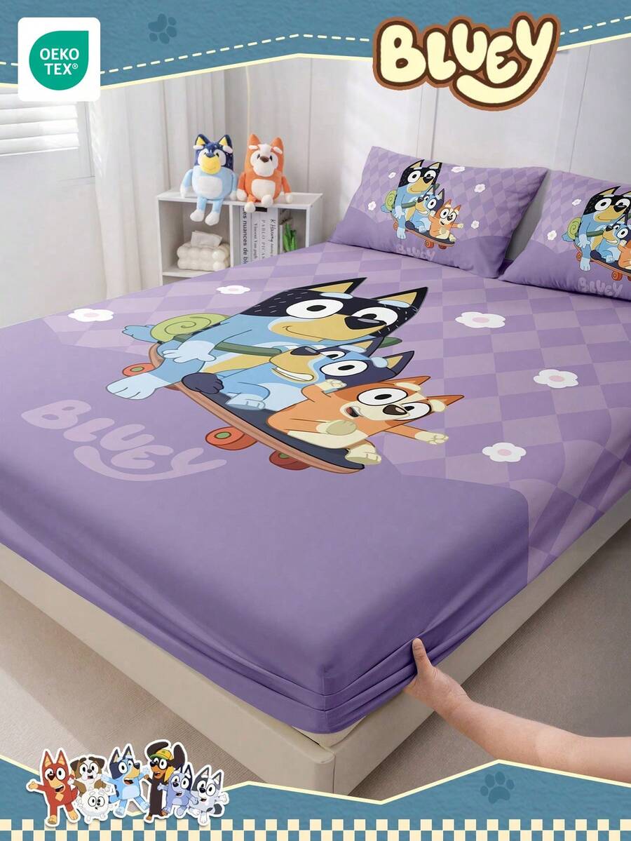 Bluey Cartoon Digital Printed Fitted Sheet,  Bedding, Mattress Protector, Bed Cover, Fitted Sheet, Comfortable Home Textile, Cool-Toned Fitted Sheet, Breathable Anti-Pilling Mattress Protector, Soft And Skin-Friendly, Cartoon Pattern Bed Cover - Purple - View 1