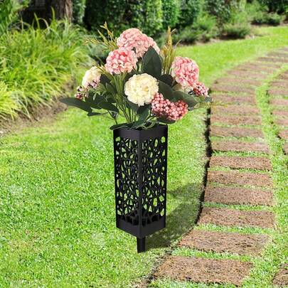 6/4/2/1 pieza Soportes para flores conmemorativas, con estacas, decoración de jardín, macetas cuadradas para flores de tumbas con picos, cestas para flores de tumbas para honrar a los antepasados, decoración de identificación de plantas para exteriores, cestas para flores de jardín, diseño hueco adecuado para arreglos florales, adecuado para uso en tumbas