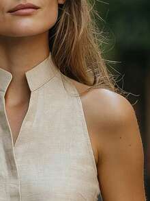 女士新款纯色卡其色梭织纹理面料休闲宽松无袖V领衬衫，适合外出、度假、假日、通勤、工作、办公室等夏季穿着。 - 淺灰色 - 查看 5