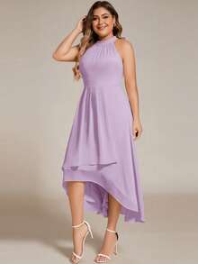 Elegant Chiffon Sleeveless Halter Asymmetric Hem Evening Dress, Lavender Bridesmaid Dress For Wedding Guest - Mauve Purple - View 3