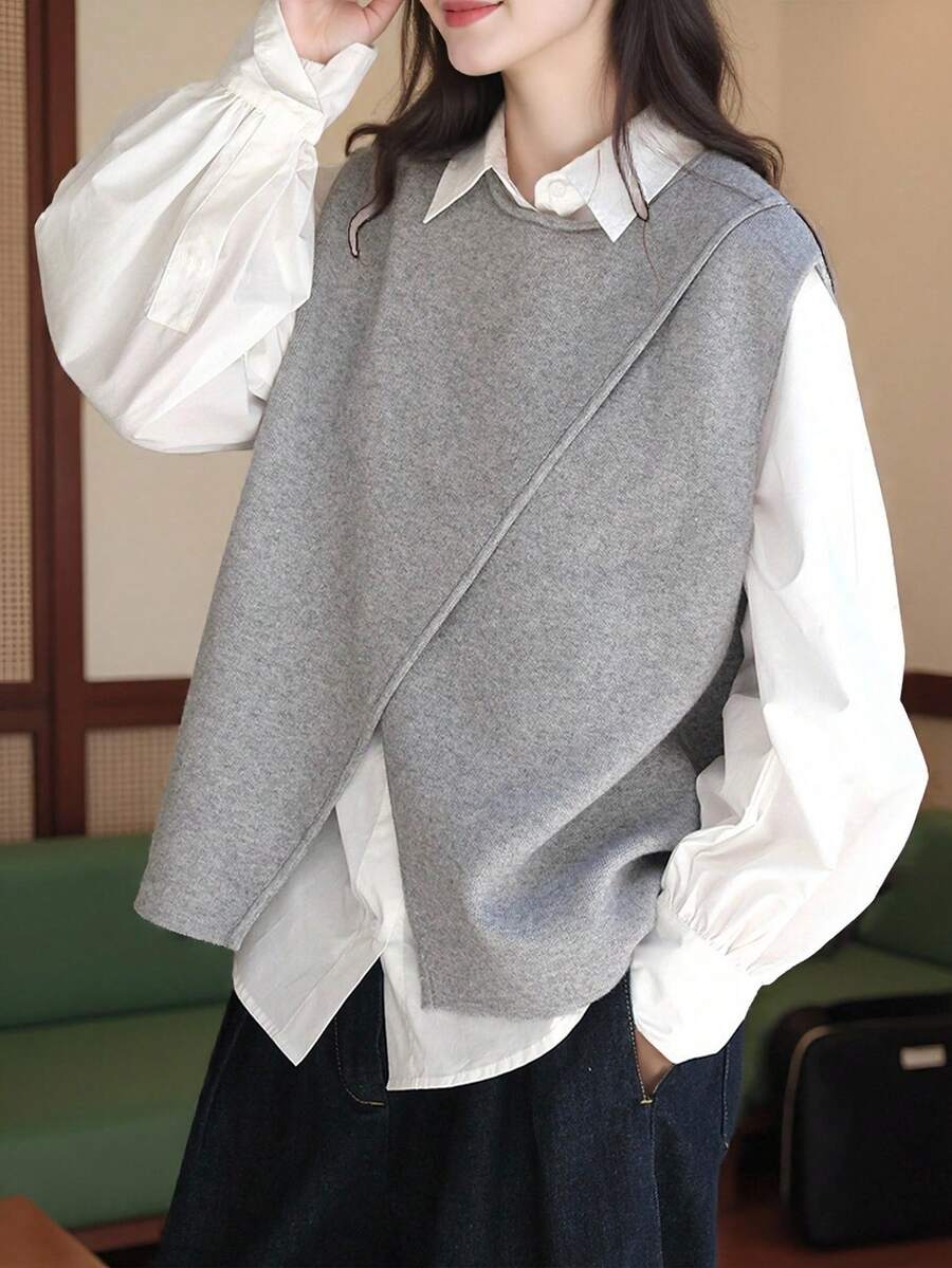 女士不对称下摆套头背心，简约设计，秋冬款 - 淺灰色 - 查看 1