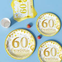 1 Set 60th Anniversary Gold Balloon Disposable Plates, Napkins, Cups, Serves 8 Guests, Suitable For Birthday, Wedding, Party, Family Picnic - Multicolor - View 4