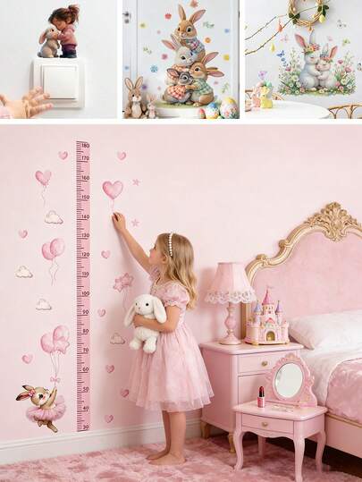 BRUP 1/2 Pcs/Set Cute Ballet Rabbit With Pink Balloons Clouds Kids Wall Sticker Removable Kids Room Nursery Decor Growth Chart Peel And Stick