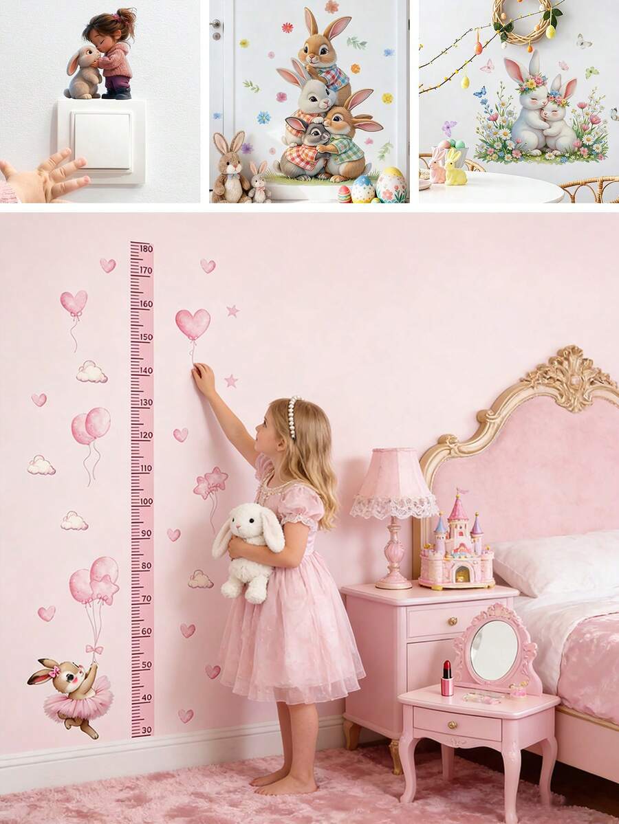 BRUP 1/2 Pcs/Set Cute Ballet Rabbit With Pink Balloons Clouds Kids Wall Sticker Removable Kids Room Nursery Decor Growth Chart Peel And Stick - Multicolor - View 1