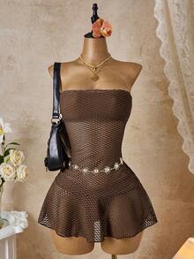 Bộ bikini 3 món gợi cảm, áo quây màu trơn có dây đeo rời, quần bikini màu trơn, kết hợp với váy bơi ren lưới khoét eo xếp ly, thích hợp cho kỳ nghỉ biển và tiệc bể bơi mùa hè. - màu nâu - Xem 6