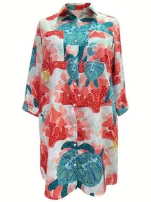 Plus Size Long Sleeve Button Front Long Shirt, Decorated With Sea Turtle And Coral Prints, Regular Hem Vacation - Coral Pink - View 5