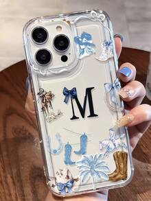 1pc Minimalist Blue Western Cowboy Letter Pattern Transparent TPU Shock-Absorbing Anti-Fall Anti-Fingerprint Phone Case, Compatible With IPhone 16/16Pro/16Plus/15/15ProMax/15Pro/11/12/13/14ProMax/11Pro/11ProMax/12Pro/12ProMax/13Pro/13ProMax/14Pro/14ProMax, Soft Shell, High-End Creative - Multicolor - View 1