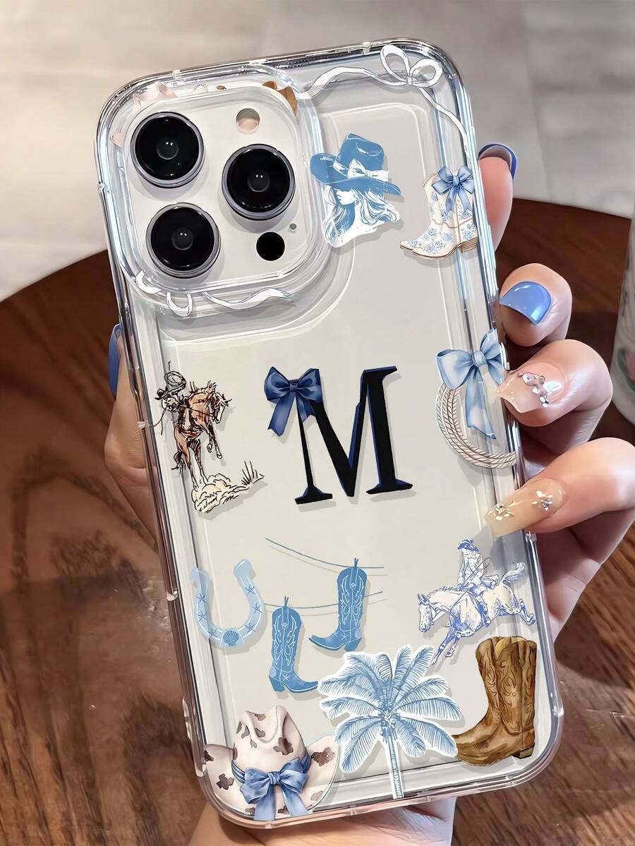 1pc Minimalist Blue Western Cowboy Letter Pattern Transparent TPU Shock-Absorbing Anti-Fall Anti-Fingerprint Phone Case, Compatible With IPhone 16/16Pro/16Plus/15/15ProMax/15Pro/11/12/13/14ProMax/11Pro/11ProMax/12Pro/12ProMax/13Pro/13ProMax/14Pro/14ProMax, Soft Shell, High-End Creative - Multicolor - View 1