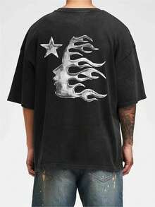 Men's Printed Pattern Washed T-Shirt - Casual Loose Summer T-Shirt With Star And Flame Design, Adult Brown 100% Pure Cotton Round Neck Shirt, Breathable T-Shirt | Avant-Garde Casual Wear | 100% Pure Cotton Printed T-Shirt - Black - View 3