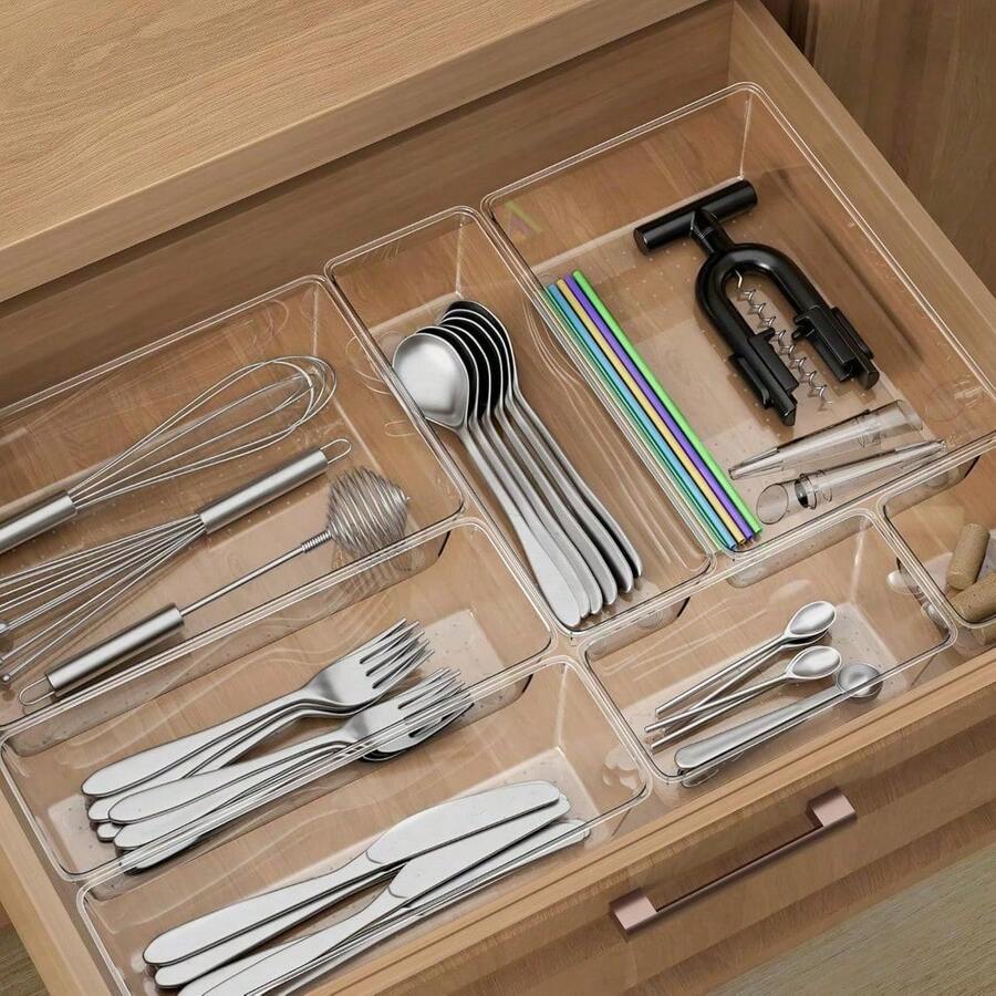 12 PCS Clear Plastic Drawer Organizers Set, 3-Size Versatile Bathroom And Vanity Organizer Trays, Non-Slip Storage Containers For Makeup, Jewelries, Bedroom,Kitchen Utensils And Office - Trong sáng - Xem 1