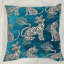 Chinese Tiger Pillow-Velvet Tiger Pillow Cover-Tiger Pillow-Teal Velvet Pillow-Blue Tiger Pillow-Prussian Blue Pillow-Pillow Sham-Made In US - 白色 - 查看 2