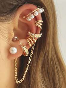 5pcs/Set Simple Fashion Hollow Leaf C-Shape Ear Cuff, Earlobe Earring For Non-Pierced Ears - Gold - View 9