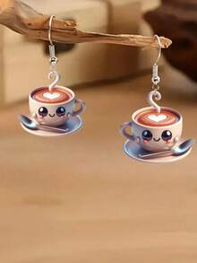 1 Pair Cute & Charming Coffee Cup Heart Shaped Earrings, Acrylic Material With Stainless Steel Hooks, Suitable For Women, Ideal For Valentine's Day, Mother's Day, Halloween, Christmas Gifts, Suitable For Daily Wear And Gift-Giving, All Season Accessory - A - View 2