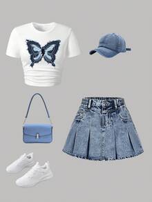 Teen Girls' Casual Everyday Commute Fashion Street Butterfly Print Pleated Fitted Short Sleeve T-Shirt And Pleated Denim Mini Skirt Set, Summer - White - View 2