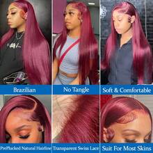 32 Inch 13x4 Lace Front Wigs 200 Density Human Frontal Hair For Women Use Straight HD Transparent Lace Frontal 99j Burgundy Wig Pre Plucked Bleached Knots With Baby Hair Blended Hair Straight Wigs - SBUG - View 8