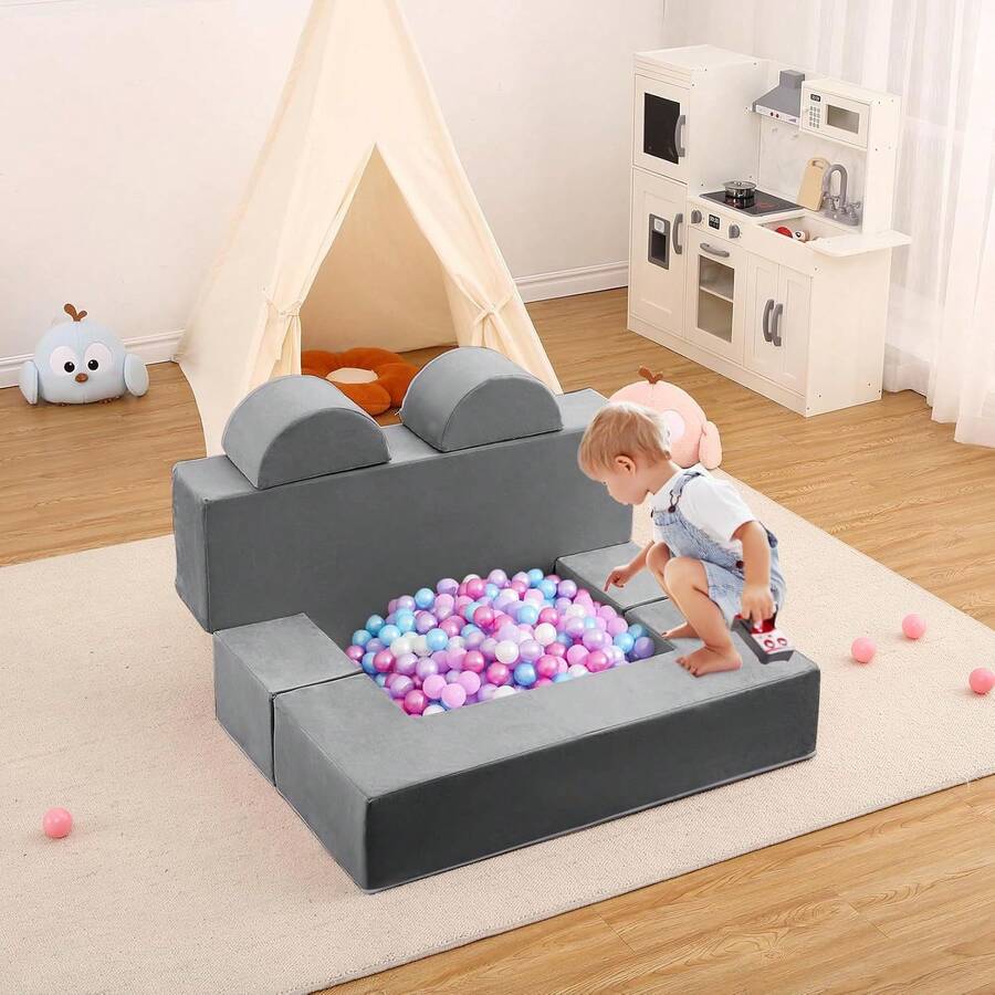 Sofá modular de Juego para niños, 6 Piezas, sofá modular para Sala de Juegos, sofá modular de Espuma para niños, sofá Convertible con Funda extraíble, Color Rosa - Gris - Ver 1