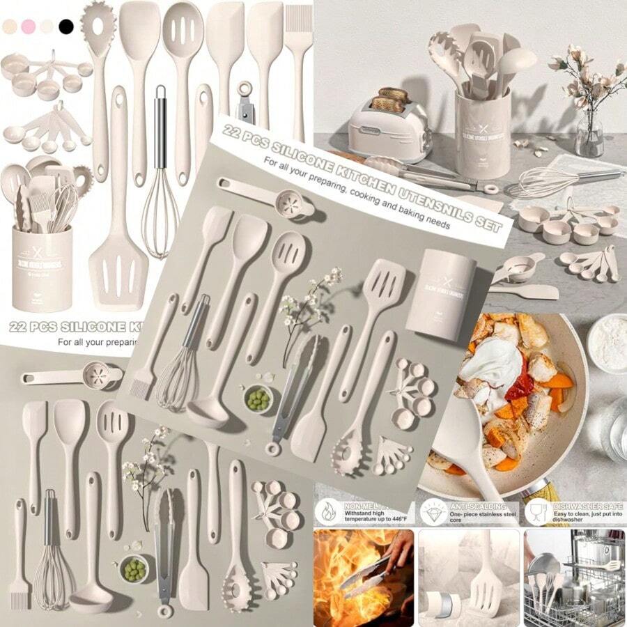 Umite Chef - Juego de utensilios de cocina de silicona 22 piezas resistentes al calor espátula cuchara batidor apto para lavaplatos utensilios de cocina antiadherentes caqui - Caqui - Ver 1