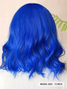 Tóc giả ngắn xoăn màu xanh gradient 16 inch dành cho nữ, có mái bằng, chất liệu tổng hợp, thích hợp sử dụng hàng ngày hoặc hóa trang. - Màu xanh lam - Xem 5