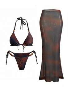 三件套女士夏季新款扎染印花优雅性感背心比基尼，波西米亚风系带三角杯泳衣套装，搭配浪漫混纺半身裙，适合海滩度假、泳池派对、情人节、狂欢节、约会等场合穿着。 - 棕色 - 查看 1