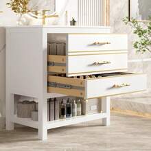 White Vanity Unit With Ceramic Basin – Freestanding Bathroom Unit With 2 Drawers And An Open Compartment, High-Quality Lacquered MDF Panel, Gold Handles, Without Tap Or Drain - White + Gold - View 5