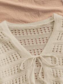 Women's Beach Cover Up Cover Up - Hollow Out Knitted Top With Bow Tie, V-Neck Loose Drop Shoulder Design, Crochet Bikini Crop Top, Tie Front Flare Sleeve Knit Shawl, Ruffle Hem Oversized Knitted Cover Up, Spring/Summer/Autumn,Women's Solid Color Hollow Front Tie Thin Knit Cardigan, Suitable For Vacation, - 米色 - 查看 2