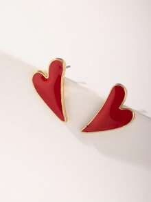 1 par de nuevos pendientes de botón con forma de corazón asimétrica para el Día de San Valentín 2026, pendientes minimalistas y versátiles de moda para mujer, para fiestas y uso diario, regalo de San Valentín - Rojo - Ver 6