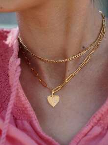 2pcs Copper Fashionable European & American Style Heart-Shaped Plaid Chain Layered Necklace Set, Suitable For Beach & Holiday Accessories - Yellow Gold - View 2