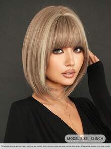 7JHH WIGS Flaxen Brown Short Straight Hair Wig For Women 12 Inch Brown Mixed Beige Highlight Hair Elegant Bob Wig With Bangs, Synthetic Fiber Full Machine Fake Hair For Daily Wear, Festival Ready & Party Costume Wigs Accessory - Girl's Gift - Beige Highlight - View 4