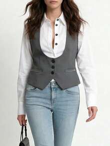 Women's Casual Lightweight Commuter Shirt, Layered With Slim Fit Single-Breasted Sleeveless Blazer - Grey - View 4
