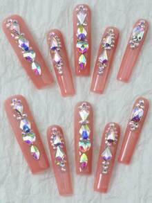 CrystalHola Valentine's Day : 10 Handmade Press-On Nail Stickers, Square Long Nails, Pink Nail Surface With Sparkling Rhinestones, Full Coverage, Removable And Reusable, Long-Lasting , Unique Summer Nail Art, A Must-Have Fashion Accessory For Parties And Weddings. Nail Supplies - Multicolor - View 2