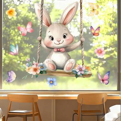 1 szt. zdejmowana naklejka ścienna z akwarelowym królikiem i huśtawką - naklejka na okno z kwiatowym motylem, odpowiednia do pokoju dziecięcego, pokoju dziecięcego, klasy, wiosennej dekoracji wielkanocnej