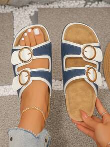 Plus Size 36-43 Fashion Casual Thick Sole Slippers, Daily & Outdoor Wear, Gray Blue, Burgundy, Roman Style Lightweight & Comfortable Versatile Summer Flat Sandals For Women - Premium Blue and White - View 2