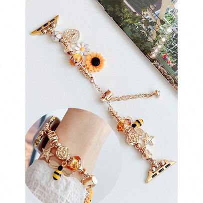 1条蜜蜂/花朵吊坠串珠银链手链表带，兼容表带38mm 40mm 41mm 44mm 45mm 49mm（S10 42mm）（S10 46mm），时尚简约，精致女士腕带，兼容 Series Ultra 2 S10 SE9 8 7 6 5 4 3 2 1，母亲节/日常礼物