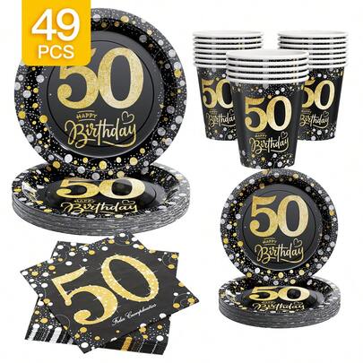 50th Birthday Star Themed Disposable Plates, Napkins, Cups Set, Serves 8 Guests, Suitable For Birthday, Wedding, Party, Family Picnic