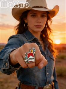 高品质女士复古波西米亚风西部印花合金首饰套装，喷涂工艺，多种颜色搭配不同风格，适合日常出行或派对佩戴，2026新款上市，是重要节日送礼佳品，佩戴后定能收获无数赞美，现在就把它加入你的首饰盒吧！如果您对产品满意，请留下五星好评并分享您的美照。 - 多色COWBOY小牛頭 - 查看 3