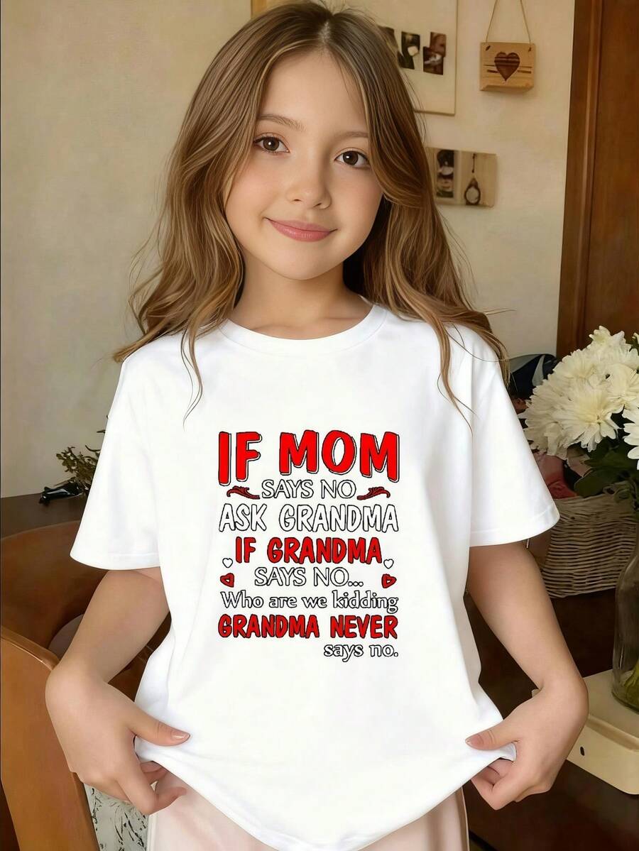 "If My Mother Says No, Find Grandma" Fun Tongue Picture Women's Crew Neck T-Shirt, Fashion , Casual And Comfortable Top, Street Style Summer Short-Sleeved T-Shirt - 白色 - 查看 1