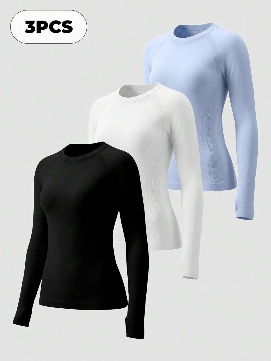 MathCat 3 Pack Women's Compression Shirt Long Sleeve Workout Tops Athletic Baselayer Quick Dry Gym Yoga Running T-Shirt - Đen, Trắng, Xanh da trời - Xem 1