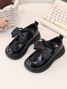 1 Pair Girls' British Style Leather Shoes, New Spring/Autumn Plaid Bow Princess Shoes, Children Soft Bottom Performance Shoes - Black - View 1