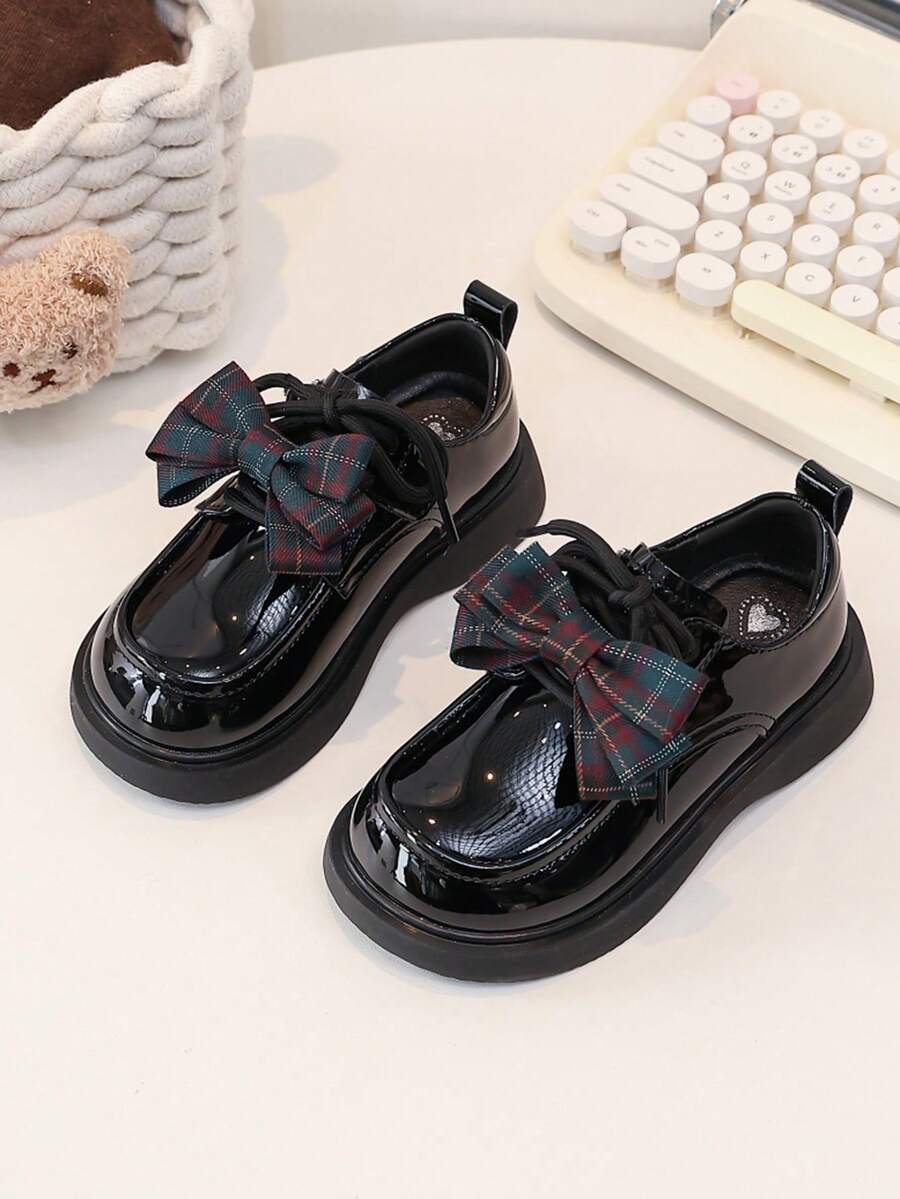 1 Pair Girls' British Style Leather Shoes, New Spring/Autumn Plaid Bow Princess Shoes, Children Soft Bottom Performance Shoes - Black - View 1