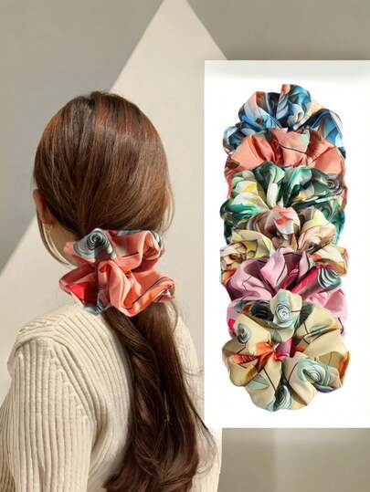 1pc/6pcs Floral Print Casual Polyester Scrunchies, Tropical Plant 3D Print Hair Ties, Elastic Hair Bands For Ponytail Hair Elastics Hair Rubber Bands Hair Rope