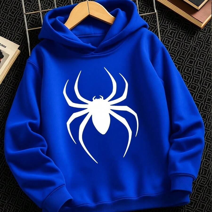Stylish Spider Print Sweatshirt, Casual And Elegant For Boys And Children, Ideal For Autumn And Winter. Stock In Brazil. - Xanh đậm - Xem 1