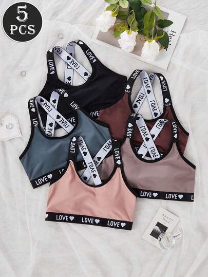 5pcs/Set Fashion French Contrast Color Patchwork English Tape Criss-Cross Back Women Bras