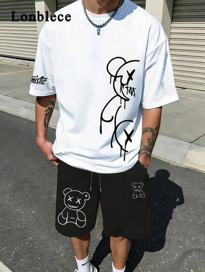 Lonblece 2pcs/Set Men's Summer Casual T-Shirt And Shorts Set, White "Optimistic" Sleeve Logo Bear Print Black Drawstring Shorts, Basic Street Style Outfit