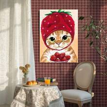 Framed Canvas Poster Print Wall Art 1pc Cat Eating Strawberry Canvas Poster-Art Poster, Poster Art, Graphic Poster, Canvas Printing, Ideal Gift For Bedroom Living Room Corridor, Wall Decor, Wall Art, Room Decoration, - Đóng khung - Xem 2